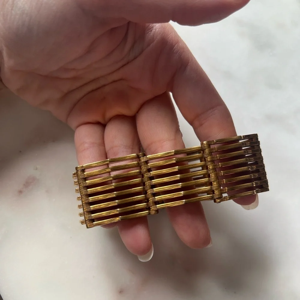 Vintage Architectural Gold Link Bracelet Bauhaus Inspired | Articulated Cuff - Picture 4 of 9